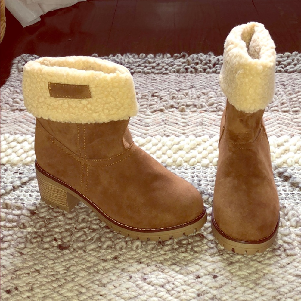 Heeled booties with faux wool trim